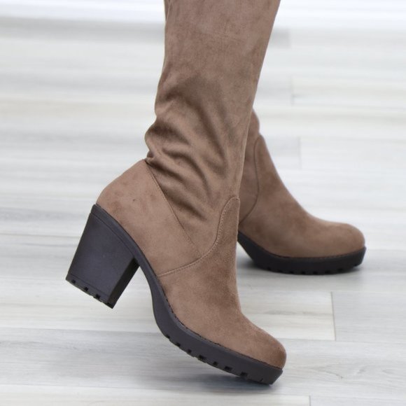 Taupe Thigh High Suede Boots Lug Chunky Heel - Picture 14 of 15